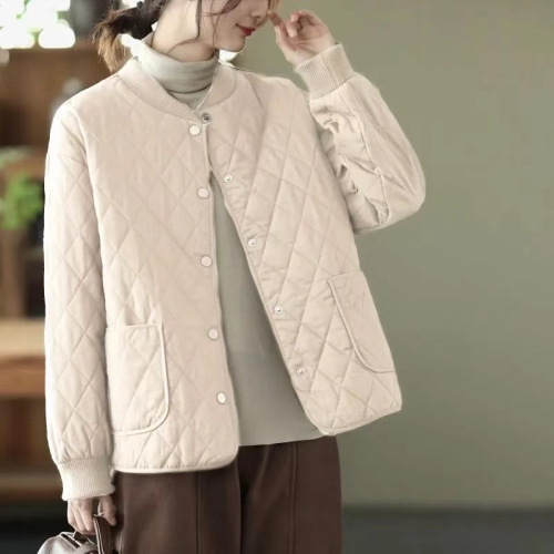 Winter solid color small cotton-padded jacket casual large size home cotton clothing high-end short loose long-sleeved quilted thin small collar cotton-padded jacket