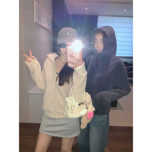 Original thickened - Austrian velvet fabric hooded zipper jacket for women new autumn Korean style long-sleeved sweatshirt