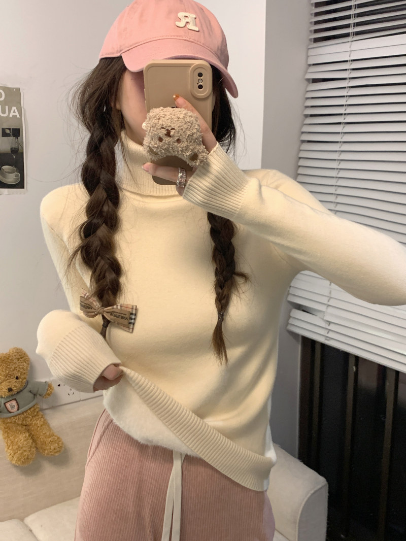 Shot High Collar Thick One-Piece Fleece Korean Style Knit Crew Neck Base Layer Top Fashion Top