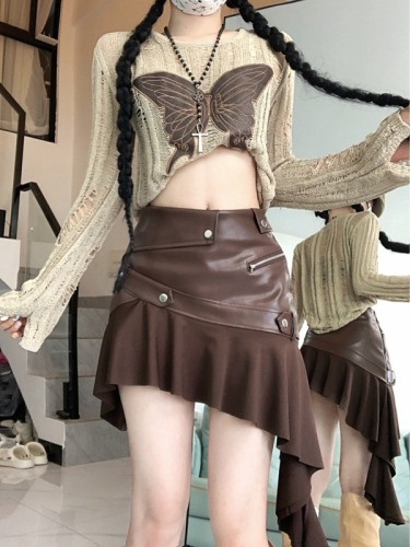 American retro brown PU leather skirt women's early autumn irregular ruffled hip skirt short skirt