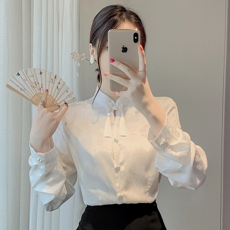 2024 New Jacquard New Chinese Style Retro Style Disc Button Tassel Shirt