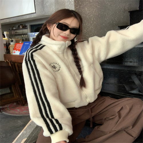 2024 Autumn and Winter New Three Stripes American Lamb Wool Baseball Jacket Women's Winter Velvet Thickened Jacket Short Top