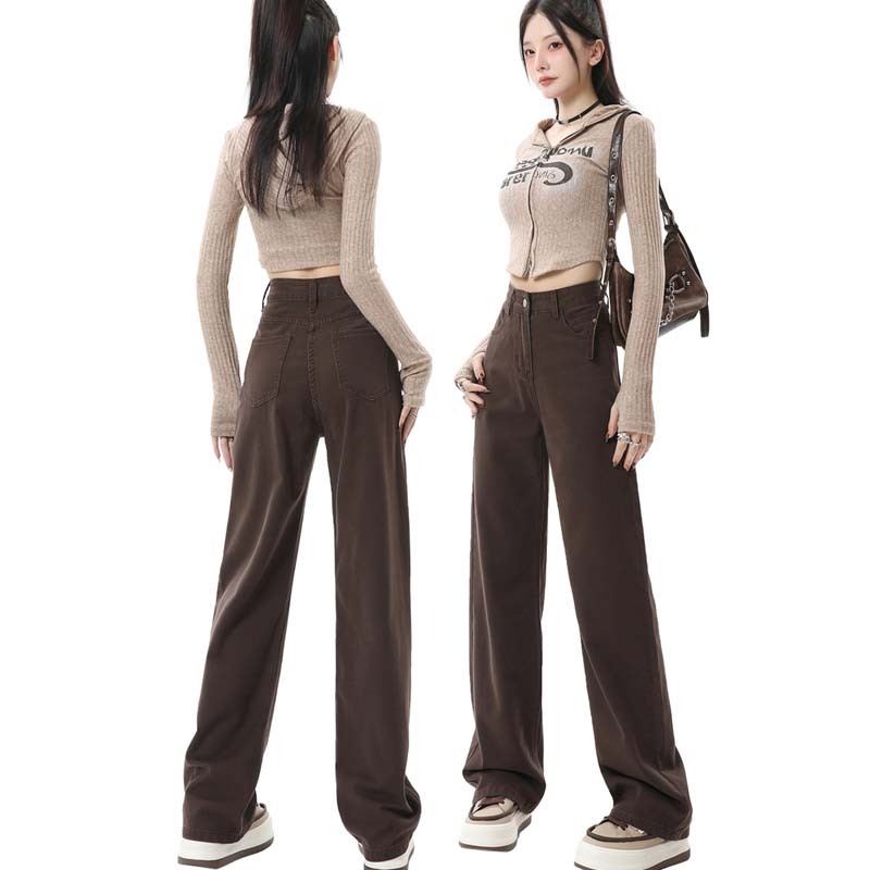 Maillard Coffee Color Autumn New Slim Drape Denim Floor-Mopping Pants for Women