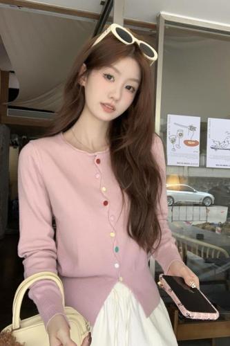 Real shot of autumn and winter Korean style sweet rainbow button design Andy velvet sweater long-sleeved sweater cardigan jacket