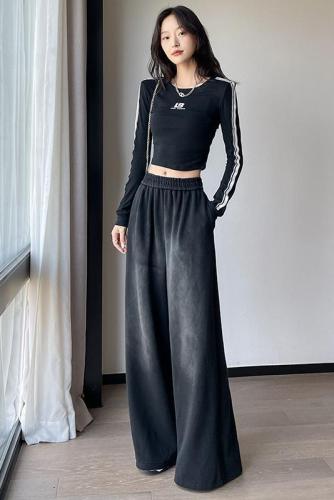 American velvet black sports pants for women, autumn and winter loose casual sweatpants, lazy jazzy wide-leg pants