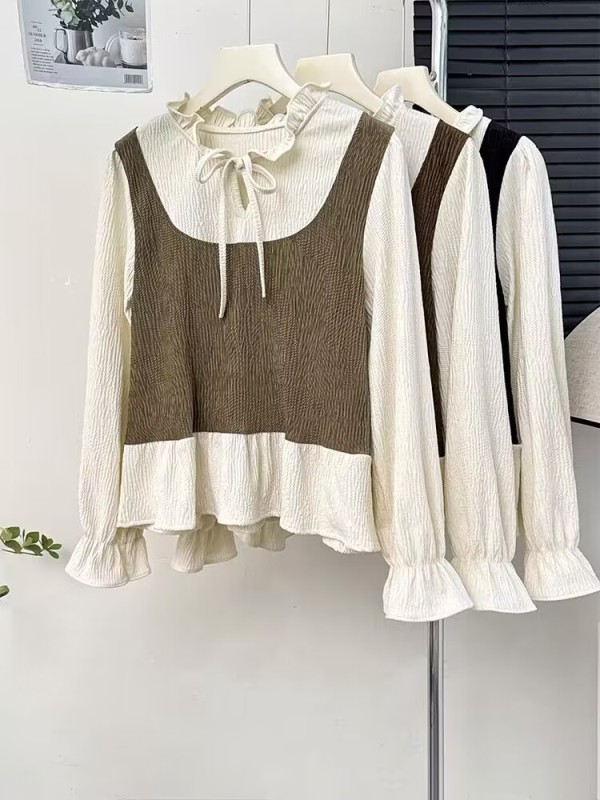 Sweet fungus-edged bow-tie bell-sleeved shirt for women in autumn niche stitching fake two-piece textured top