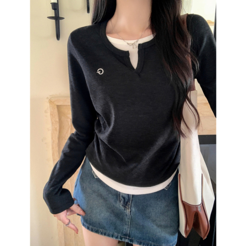 Actual shot of 280g cashmere and rayon 2*2 niche design fake two-piece contrasting color long-sleeved T-shirt for women