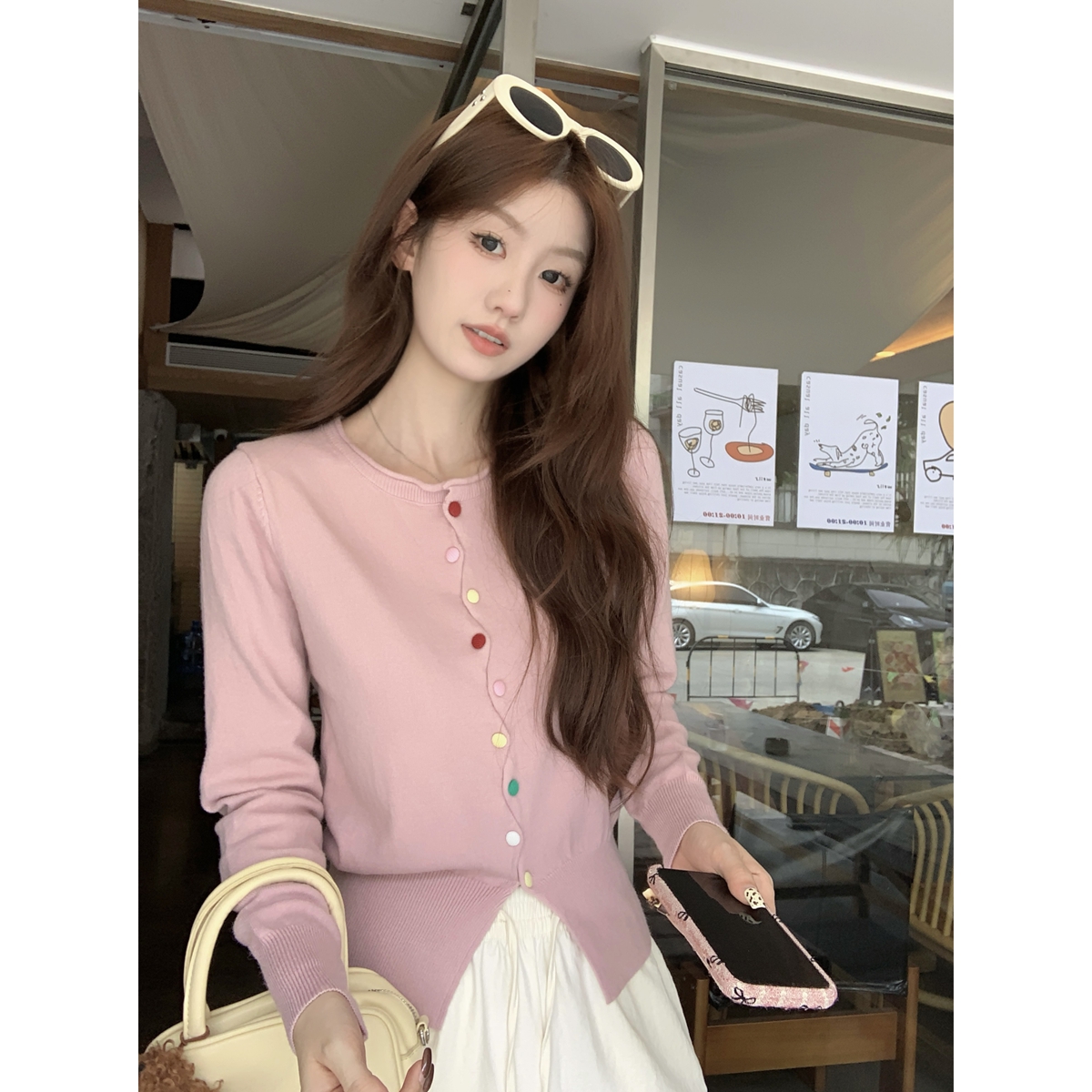 Real shot of autumn and winter Korean style sweet rainbow button design Andy velvet sweater long-sleeved sweater cardigan jacket