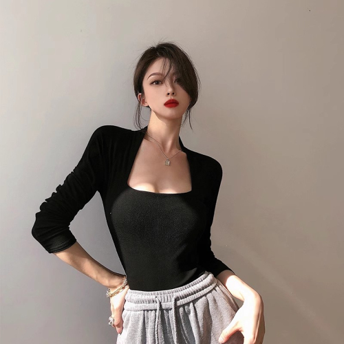 Official picture of high-elastic ribbed German velvet French square collar basic long-sleeved T-shirt with chic collarbone-exposed top inside