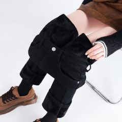 Women's fleece jeans, casual straight pants, high-waist stretch pants, thickened and warm denim pants for women