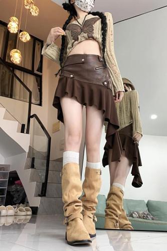 American retro brown PU leather skirt women's early autumn irregular ruffled hip skirt short skirt