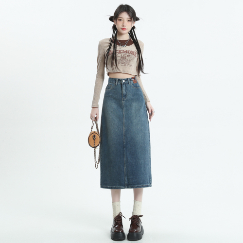 Retro slit denim skirt for women 2024 new high-waisted versatile a-line mid-length hip skirt