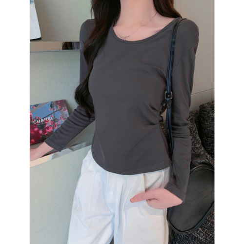 Actual shot of 40 count pure cotton 92 cotton/8 spandex niche pleated slim long-sleeved T-shirt for women with U-neck