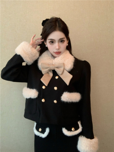 Real shot!  Xiaoxiangfeng wealthy daughter suit quilted thickened woolen jacket half length skirt two-piece set for women