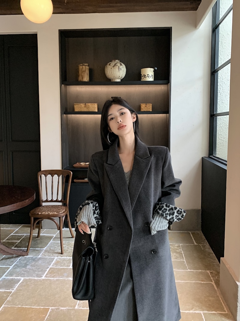 Actual shot Korean style loose casual high-end leopard print color matching long suit woolen coat