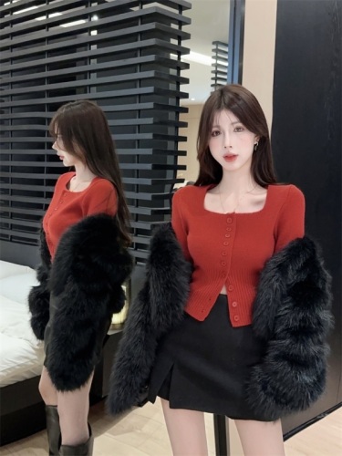 Square collar elegant long-sleeved knitted waist cardigan top + versatile slimming slit skirt pants