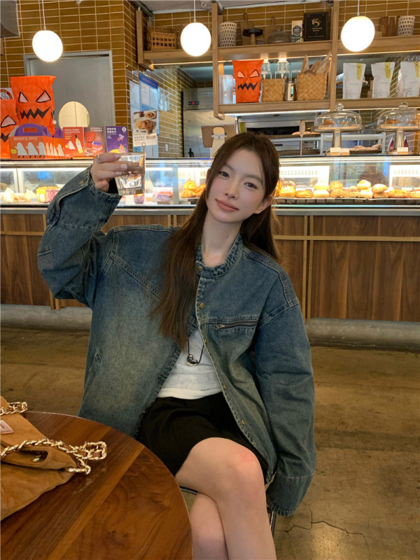 Retro versatile distressed washed small stand collar short denim jacket