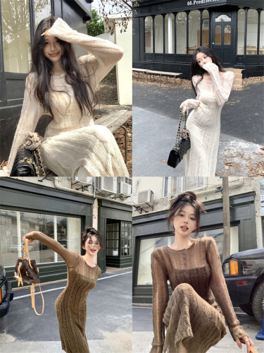 Actual shot~Quebec winter autumn and winter hollow cable velvet bottoming long-sleeved knitted dress two-piece set