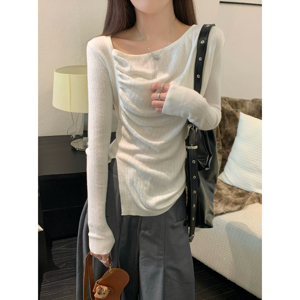 Real shot of autumn and winter Korean style temperament slope collar irregular jacquard 6 wool sweater bottoming long-sleeved sweater for women