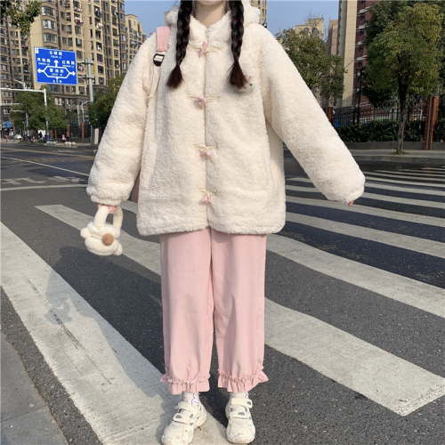 Winter 2024 new Korean style loose thickened imitation lamb wool hooded horn button long-sleeved cotton jacket for women