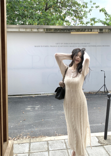 Actual shot~Quebec winter autumn and winter hollow cable velvet bottoming long-sleeved knitted dress two-piece set