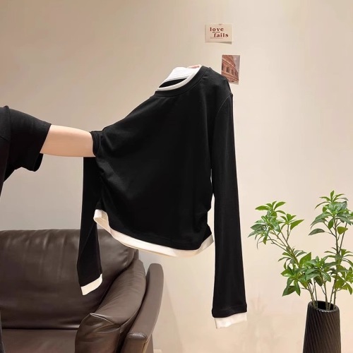 Spot fake two-piece spliced ​​long-sleeved bottoming shirt, right shoulder slim pleated T-shirt top