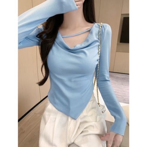 Real shot of rayon 1*1 2024 autumn solid color design niche long-sleeved T-shirt for women