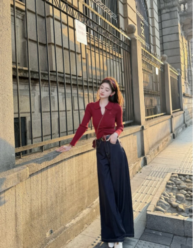 Red high-end V-neck embroidered sweater for women, autumn drawstring waist, chic Polo shirt, slim inner top