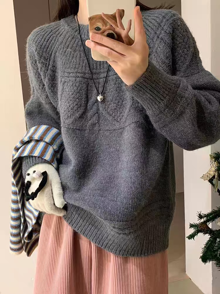 韓版復古麻花圓領套頭毛衣女秋冬季新款寬鬆慵懶風軟糯針織衫上衣