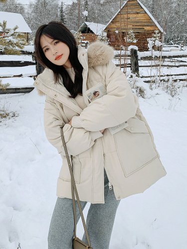 Net picture short down jacket for women 2024 winter small thickened hooded big fur collar Korean style casual loose type