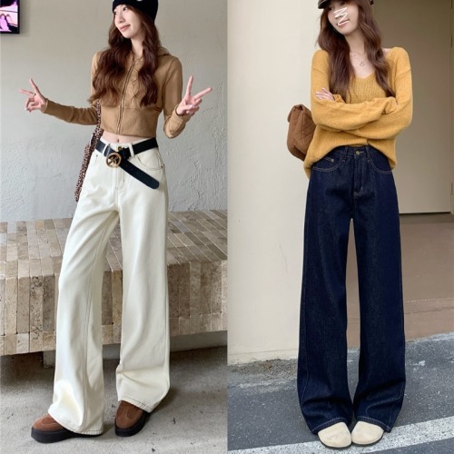 Photographed~ Fleece-lined and thickened denim jeans for autumn and winter, composite fleece slim-fit narrow-leg pants, slimming loose straight-leg ground-length pants