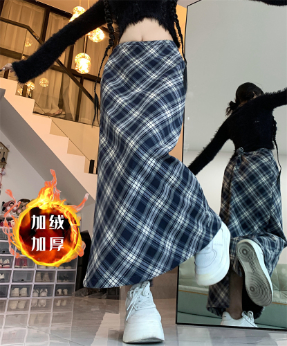 768# -实拍 格子布复合加绒加厚 新款百搭后开叉休闲半身裙女