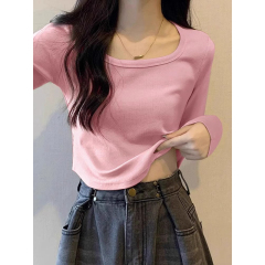 Official photo Designed large neckline apricot bottoming shirt top for women with curved hem T-shirt in autumn
