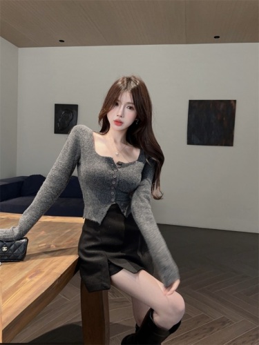 Square collar elegant long-sleeved knitted waist cardigan top + versatile slimming slit skirt pants