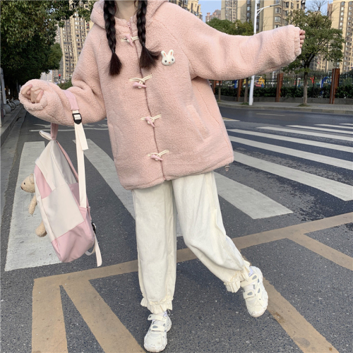 Winter 2024 new Korean style loose thickened imitation lamb wool hooded horn button long-sleeved cotton jacket for women