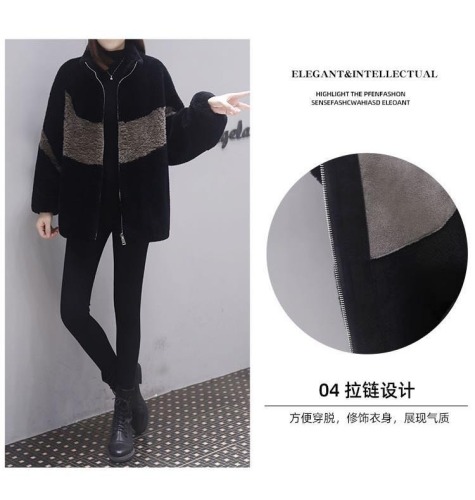 Short imitation lamb wool coat for women new winter plus velvet thickened large size loose color block coat for women trendy