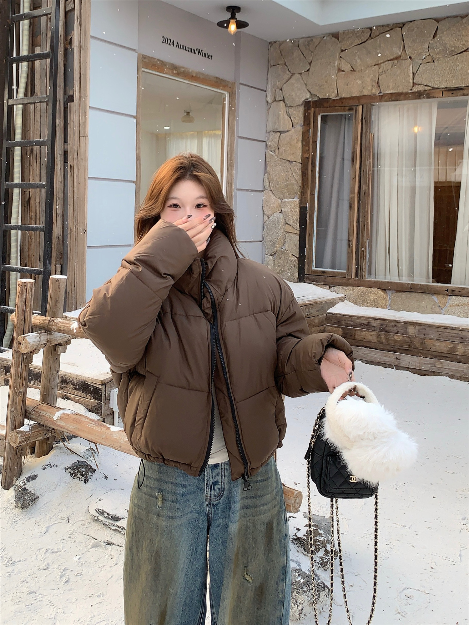 Real shot ~ Thickened warm short breaded cotton coat for women winter new small stand-up collar cotton coat