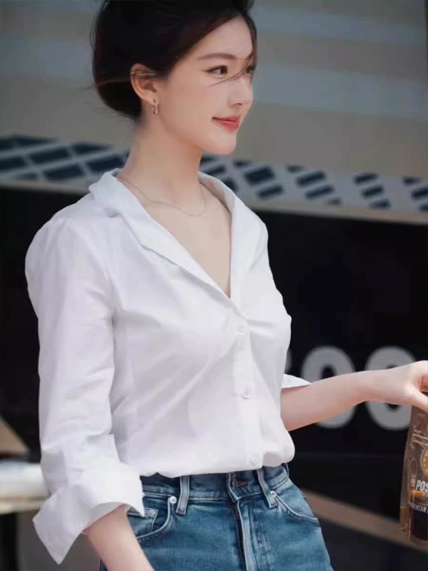Xu me dazzling Zhao Lusi same style white shirt women's spring and autumn chic versatile shirt business wear v-neck top