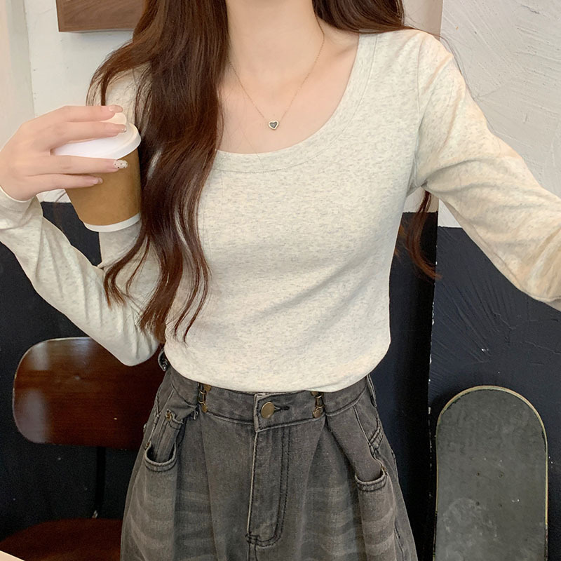 Low round neck pure cotton long-sleeved T-shirt for women spring and autumn American tight short solid color right shoulder bottoming top