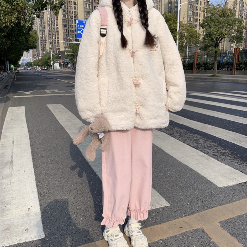 Winter 2024 new Korean style loose thickened imitation lamb wool hooded horn button long-sleeved cotton jacket for women