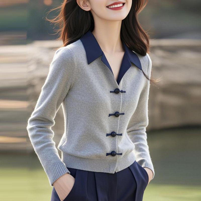 新中式中國風灰色Polo領針織衫上衣秋冬2024新款女小個子短款小衫