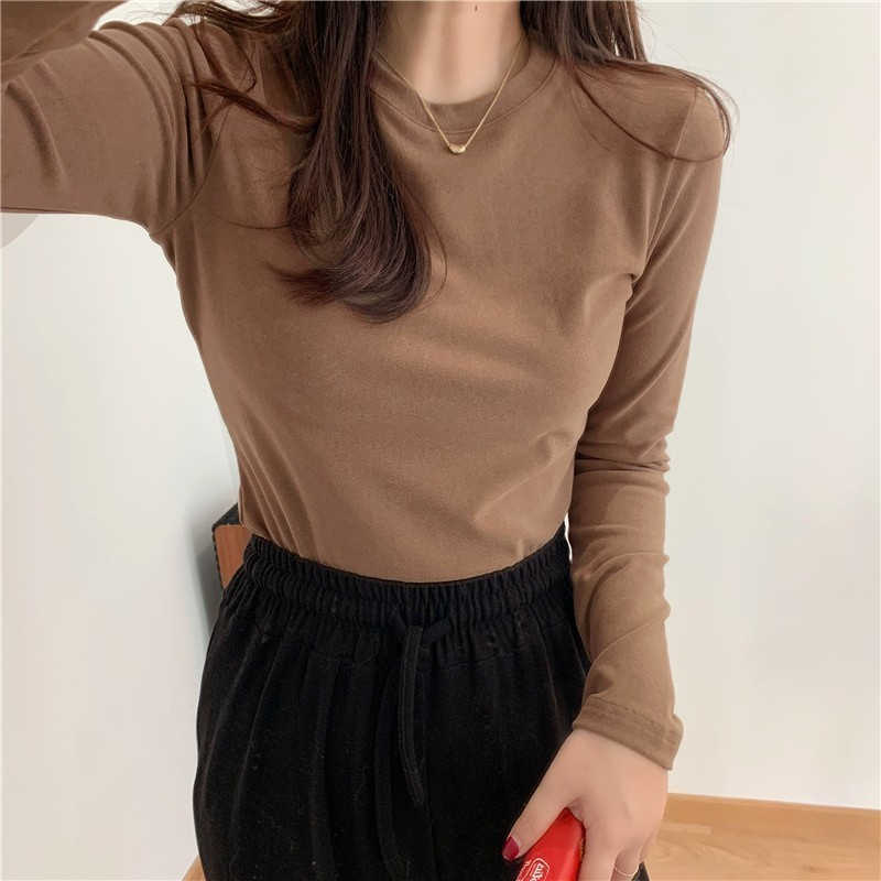 Official picture of autumn and winter round neck women's top double-sided brushed thickened warm long-sleeved bottoming shirt