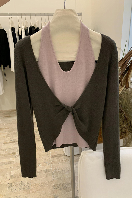 Early autumn halter neck sweater for women, early autumn Korean style chic chic unique niche contrasting fake two-piece top