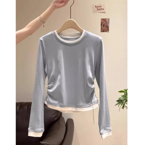 Spot fake two-piece spliced ​​long-sleeved bottoming shirt, right shoulder slim pleated T-shirt top