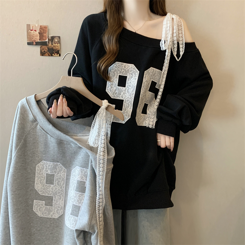 Belly-covering, lazy-style off-shoulder lace long-sleeved sweatshirt for fat girls, slim sloping shoulder top