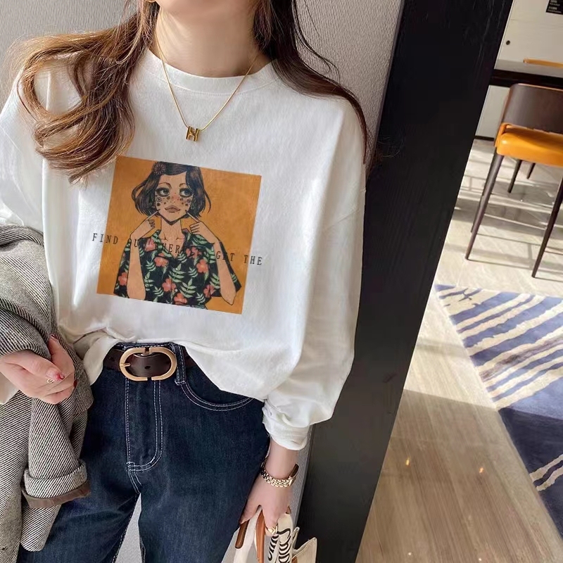 Personalized printed long-sleeved T-shirt for women, white contrasting color, simple inner layer, high-end bottoming top