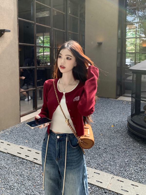 American Street Two-piece T-shirt Knitted Cardigan Jacket Women's Short Slim Fit Hot Girl Early Autumn Top