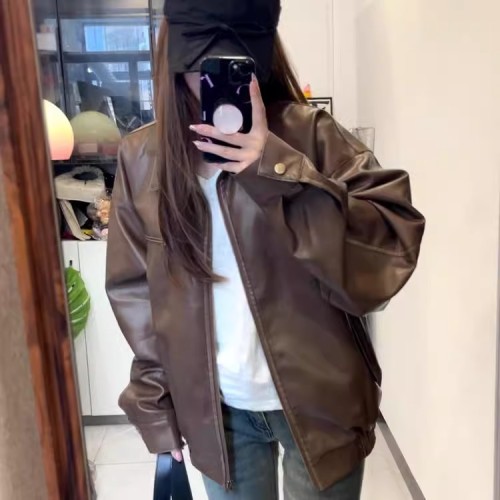 Designed retro Maillard PU leather jacket for women in autumn new loose trendy brand motorcycle lapel jacket top