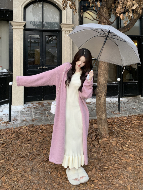 Popular and versatile design, long sweater dress, gentle and lazy style jacket two-piece set