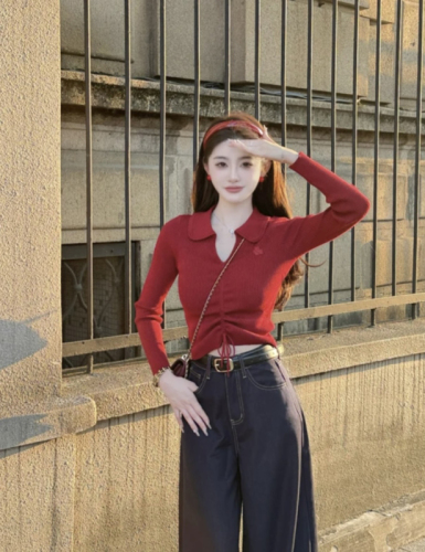 Red high-end V-neck embroidered sweater for women, autumn drawstring waist, chic Polo shirt, slim inner top